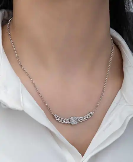 Gümüş Gurmet Zincirli Kare Baget Taşlı Kadın Kolye