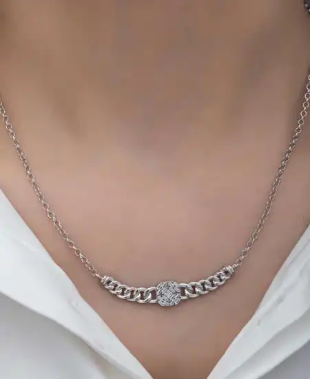 Gümüş Gurmet Zincirli Kare Baget Taşlı Kadın Kolye