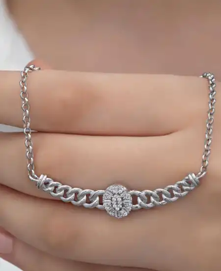 Gümüş Gurmet Zincirli Oval Baget Taşlı Kadın Kolye