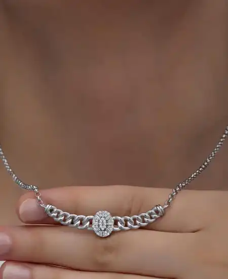 Gümüş Gurmet Zincirli Oval Baget Taşlı Kadın Kolye