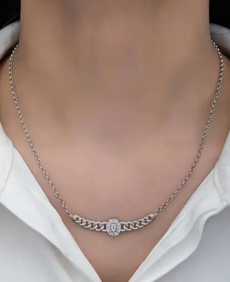 Gümüş Gurmet Zincirli Oval Baget Taşlı Kadın Kolye