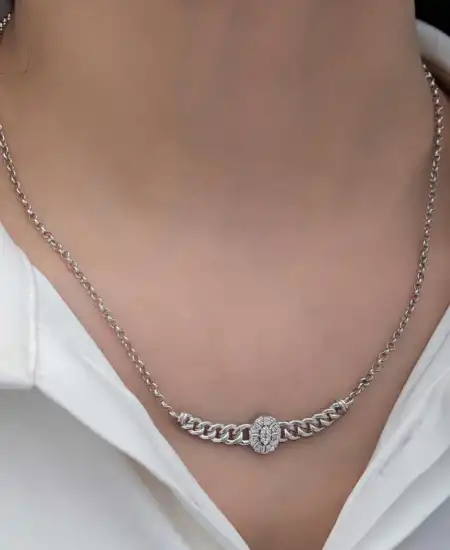 Gümüş Gurmet Zincirli Oval Baget Taşlı Kadın Kolye