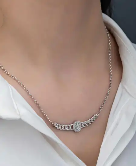 Gümüş Gurmet Zincirli Oval Baget Taşlı Kadın Kolye