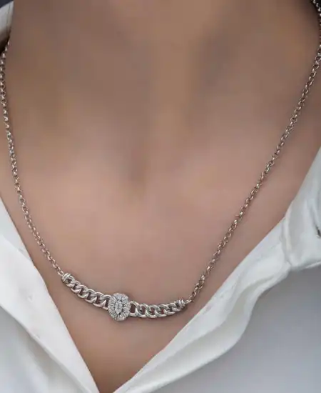 Gümüş Gurmet Zincirli Oval Baget Taşlı Kadın Kolye