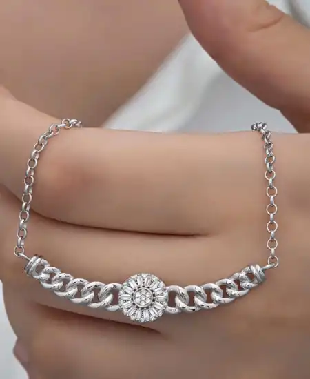 Gümüş Gurmet Zincirli Yuvarlak Baget Taşlı Kadın Kolye