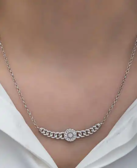 Gümüş Gurmet Zincirli Yuvarlak Baget Taşlı Kadın Kolye