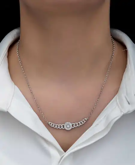 Gümüş Gurmet Zincirli Yuvarlak Baget Taşlı Kadın Kolye