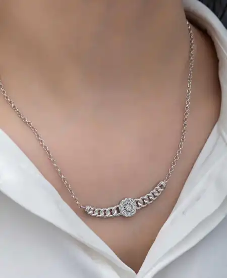 Gümüş Gurmet Zincirli Yuvarlak Baget Taşlı Kadın Kolye