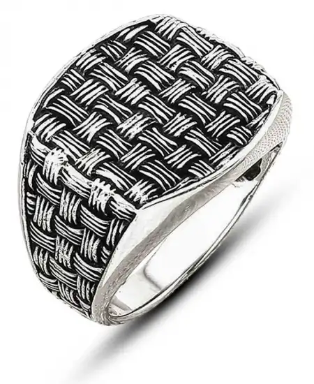 Gümüş Hasır Desenli Erkek Yüzük