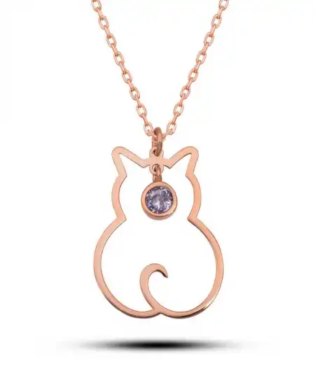 Gümüş Haziran Ayı Doğum Taşı Kedi Kadın Kolye