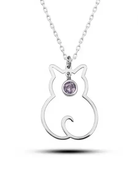 Gümüş Haziran Ayı Doğum Taşı Kedi Kadın Kolye