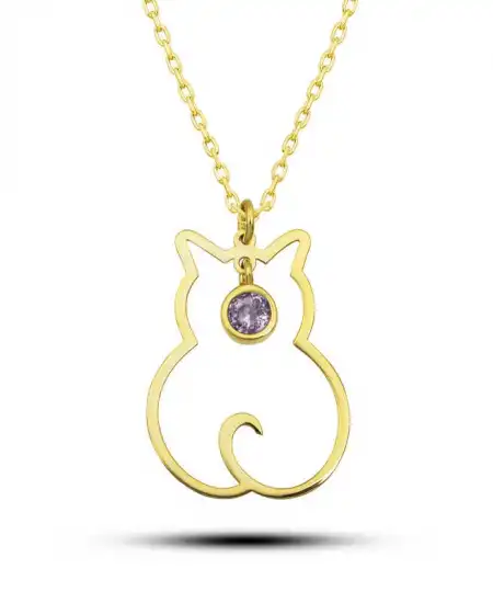 Gümüş Haziran Ayı Doğum Taşı Kedi Kadın Kolye