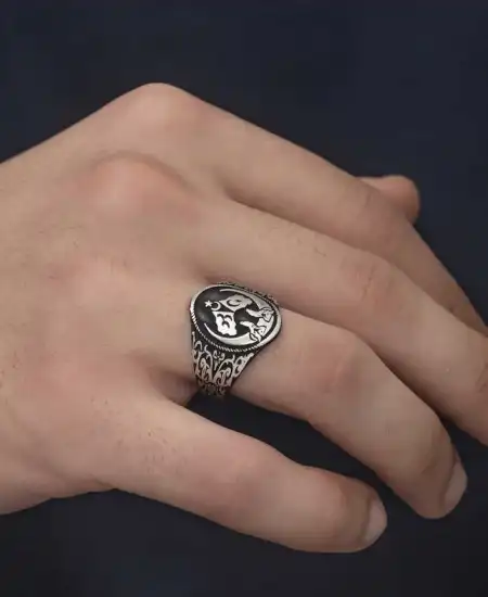 Gümüş Hilal Desenli Erkek Yüzük