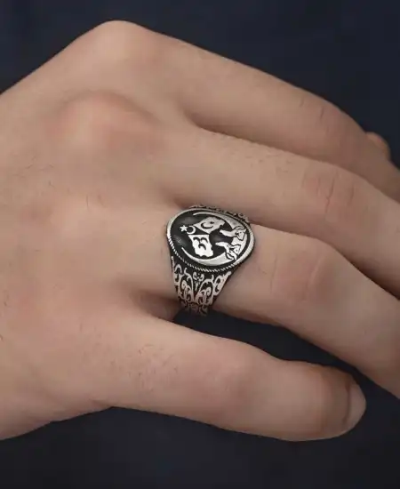 Gümüş Hilal Desenli Erkek Yüzük