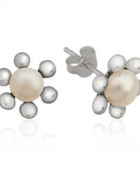 Gümüş İnci Çiçek Çivili Küpe