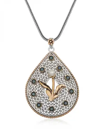 Gümüş İnci Çiçek Otantik Bayan Kolye