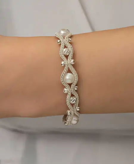 Gümüş İnci Kazaziye Örgü Bileklik