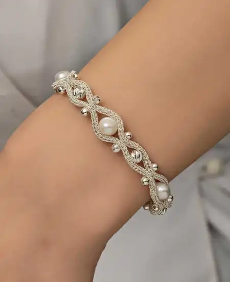 Gümüş İnci Kazaziye Örgü Bileklik