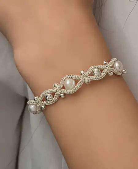 Gümüş İnci Kazaziye Örgü Bileklik