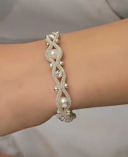 Gümüş İnci Kazaziye Örgü Bileklik