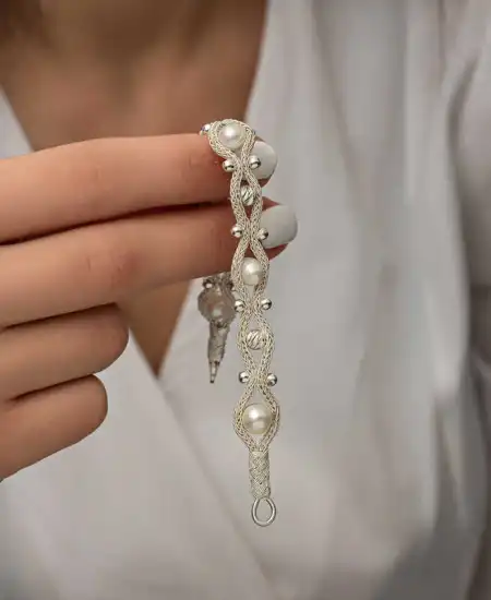 Gümüş İnci Kazaziye Örgü Bileklik