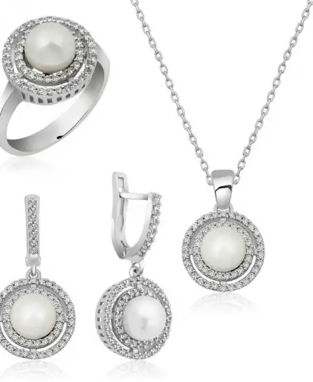 Gümüş İncili Yuvarlak Bayan Set