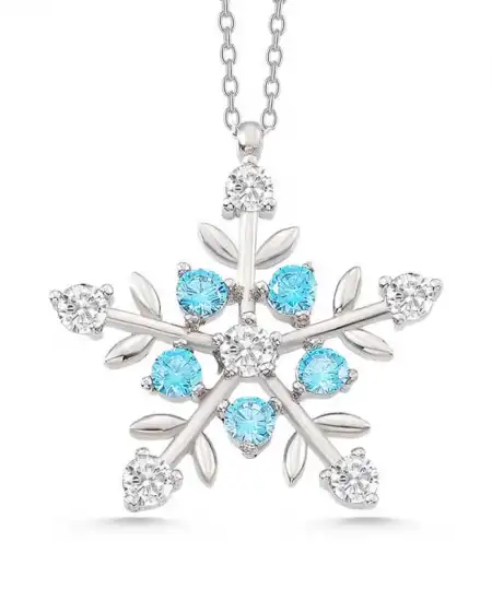 Gümüş Işıklı Kutulu Aquamarine Taşlı Kar Tanesi Kadın Kolye