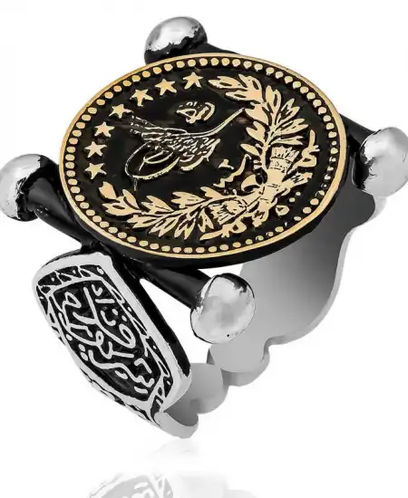 Gümüş Kadem-i Şerif Detaylı Osmanlı Arması Erkek Yüzük