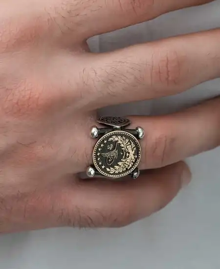 Gümüş Kadem-i Şerif Detaylı Osmanlı Arması Erkek Yüzük