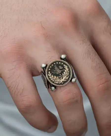 Gümüş Kadem-i Şerif Detaylı Osmanlı Arması Erkek Yüzük