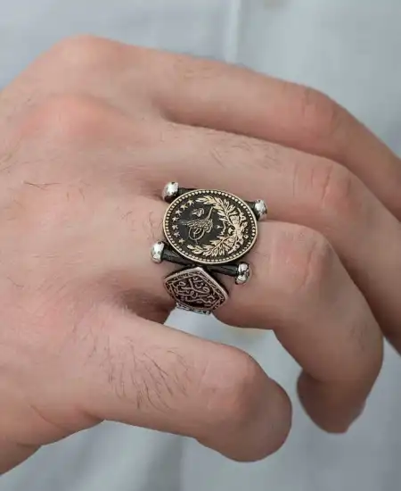 Gümüş Kadem-i Şerif Detaylı Osmanlı Arması Erkek Yüzük
