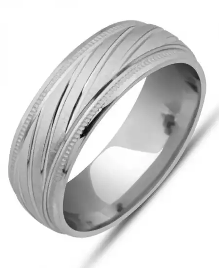 Gümüş Kalemli Çizgi Desenli Rodyum Alyans