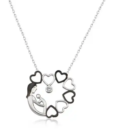 Gümüş Kalp Çemberi Anne Çocuk Bayan Kolye