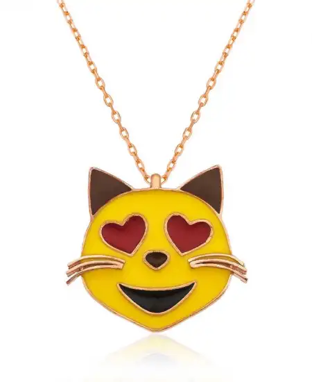 Gümüş Kalp Gözlü Kedi Emoji Bayan Kolye