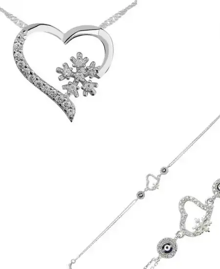 Gümüş Kalp Kar Tanesi Bayan Set