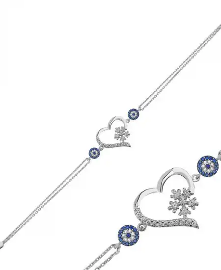 Gümüş Kalp Kar Tanesi Kadın Bileklik