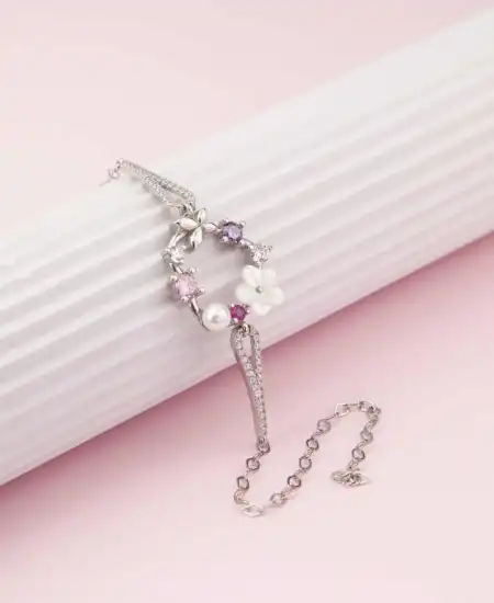 Gümüş Kalp Manolya Çiçeği Kelebek Kadın Bileklik