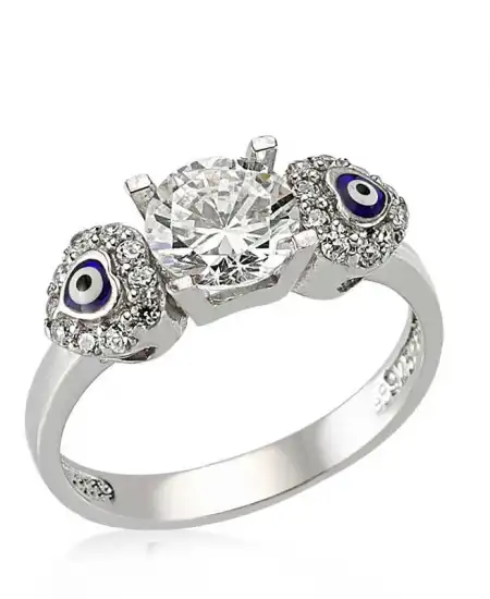 Gümüş Kalp Nazarlı Tek Taş Bayan Yüzük