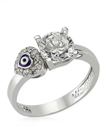 Gümüş Kalp Nazarlı Tek Taş Bayan Yüzük