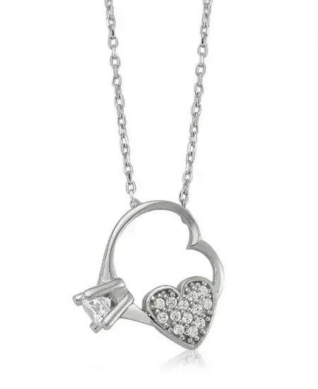 Gümüş Kalp Tek Taş Bayan Kolye