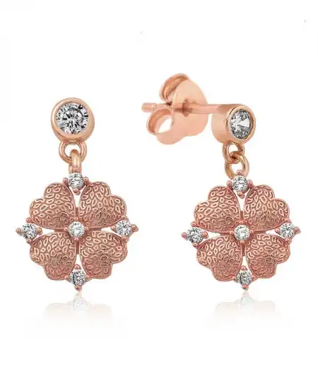 Gümüş Kalp Yapraklı Çiçek Küpe