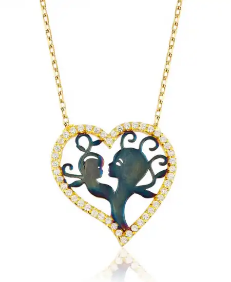 Gümüş Kalpli Anne Çocuk Kolyesi