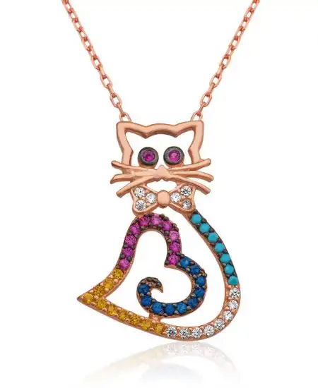 Gümüş Kalpli Kedi Kolye