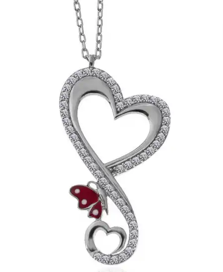 Gümüş Kalpli Kelebek Kadın Kolye