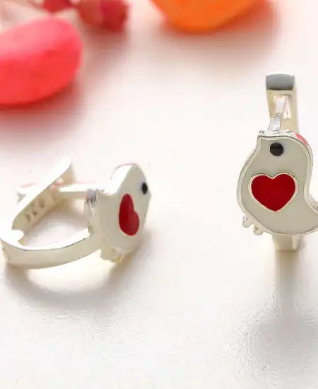 Gümüş Kalpli Kuş Çocuk Küpesi