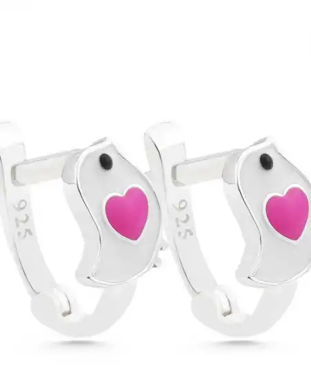 Gümüş Kalpli Kuş Çocuk Küpesi