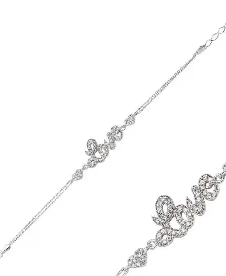 Gümüş Kalpli Love Yazılı Bayan Bileklik