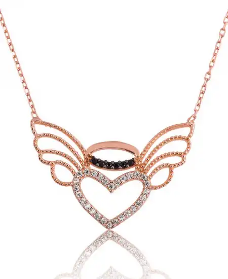 Gümüş Kalpli Melek Kanadı Bayan Kolye