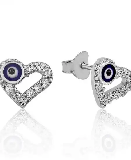 Gümüş Kalpli Nazar Çivili Küpe