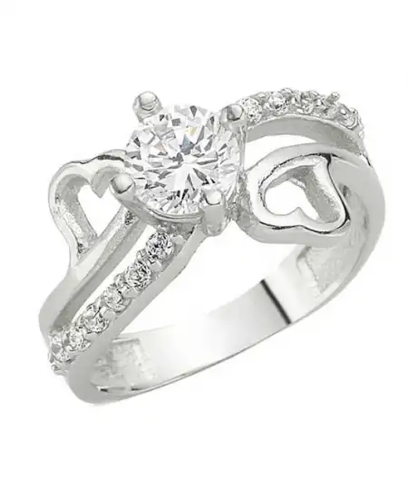 Gümüş Kalpli Tek Taş Bayan Yüzük